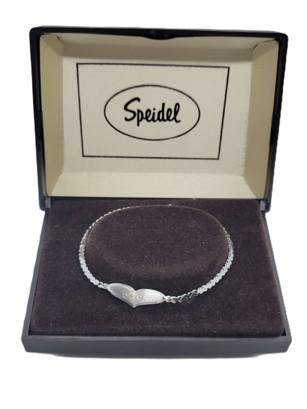 Vintage Speidel Baby ID Bracelet 6in Engraved Name Heart Diana Silver Tone w Box